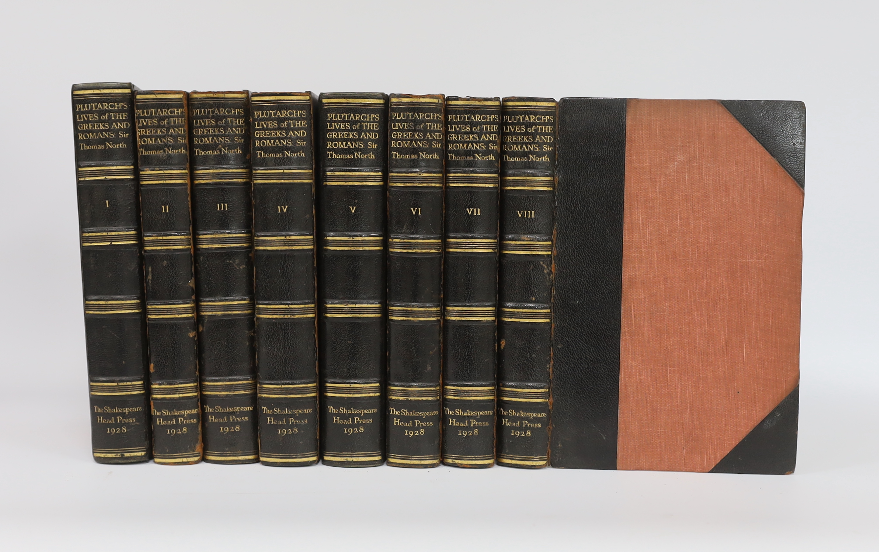 Plutarch - The Lives of the Noble Grecians and Romans....Translated...out of French into Englishe, by Thomas North....8 vols. Limited Edition (of 500 numbered sets). text decorations by Thomas Lowinsky; publisher's black